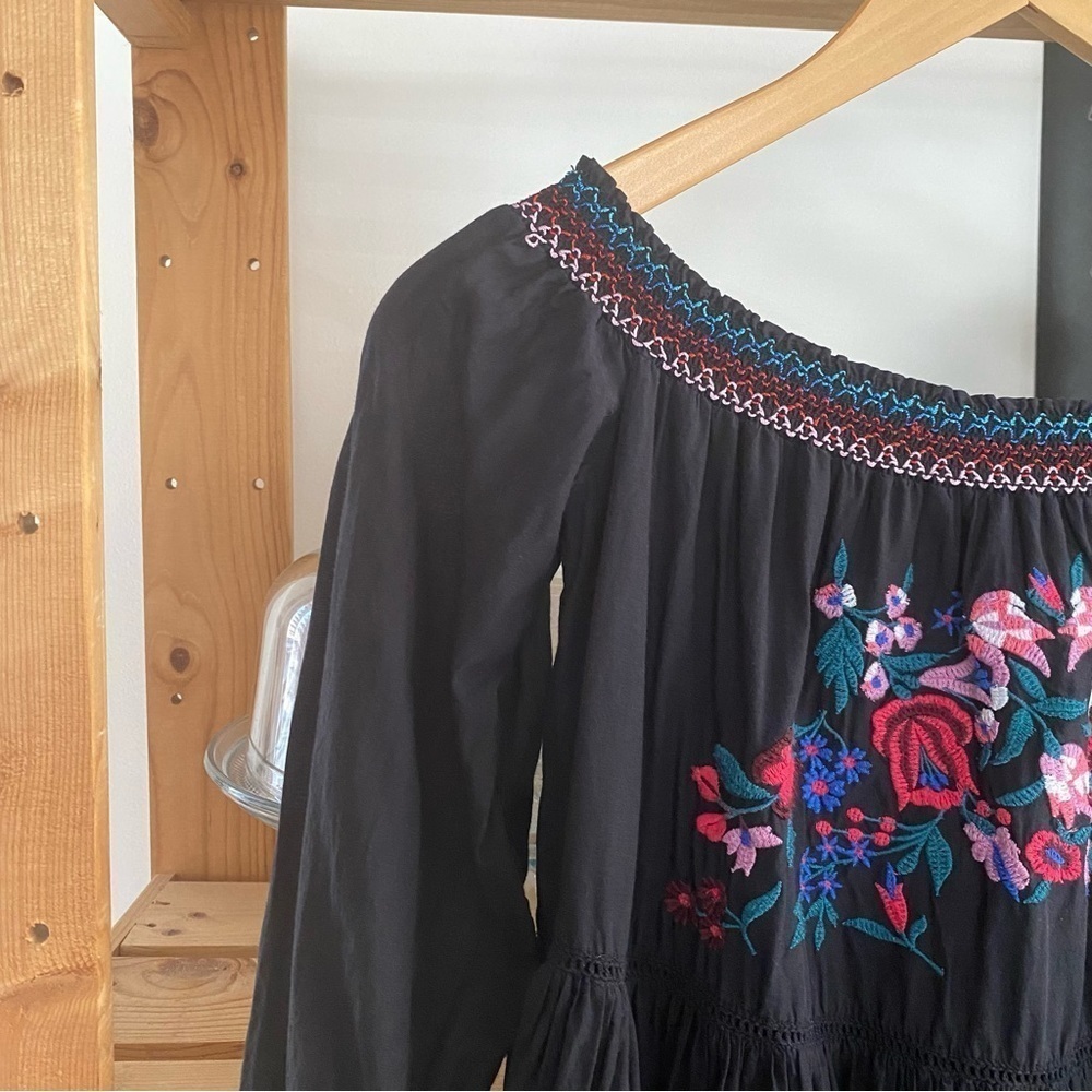 Free People Black Floral Embroidered Off The Shoulder Sunbeams Mini Dress XS - Picture 6 of 16